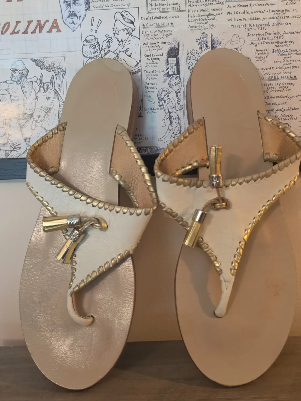 Jack Rogers Cream Leather Thong Sandals with Gold Accents